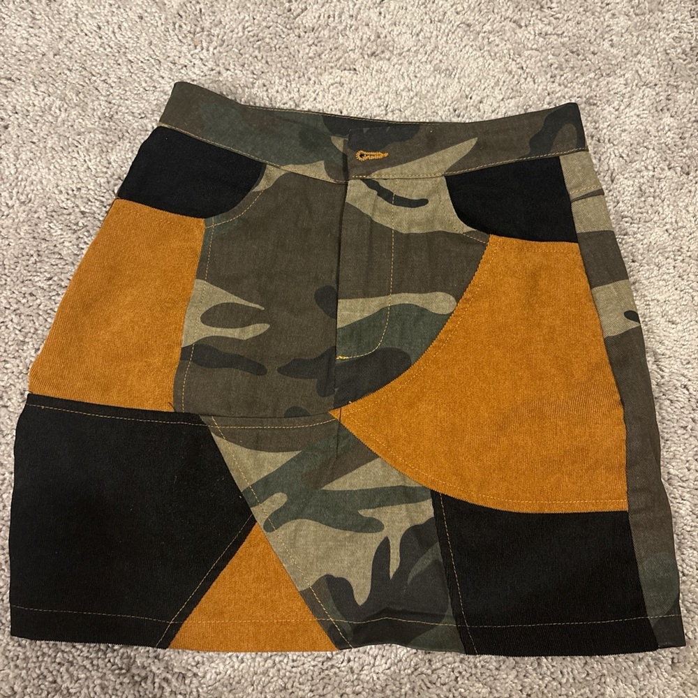 Camouflage and Orange Patchwork Skirt